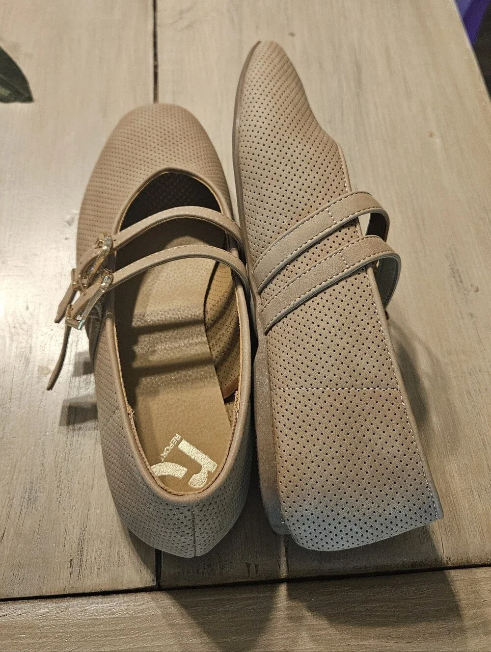 Report Beige Double-Strap Perforated Ballet Flats